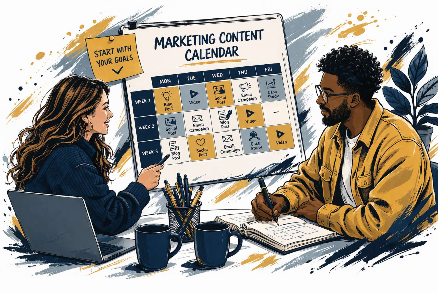 Young White Woman and Young Black Man Creating a Marketing Content Calendar