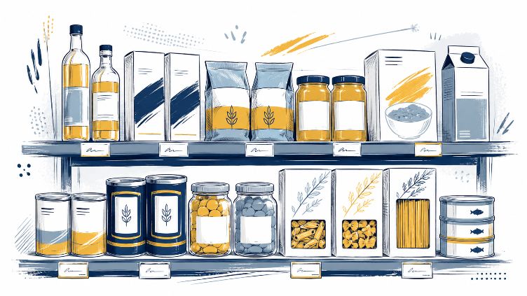 Stylized grocery shelf illustration with ink details